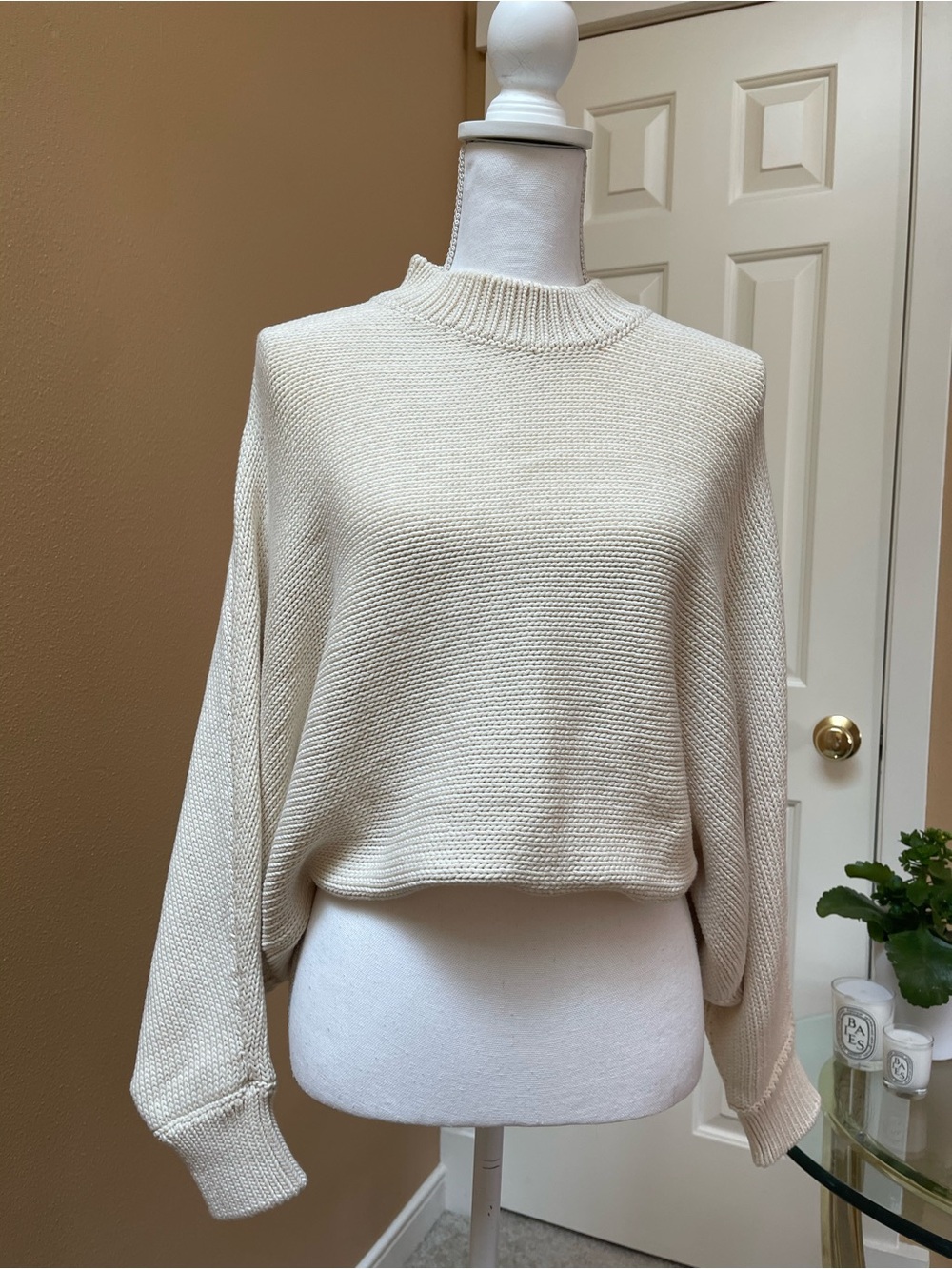 Rosetta Getty Cropped Knit Sweater Cream Mock Neck Balloon Sleeve Size M $900